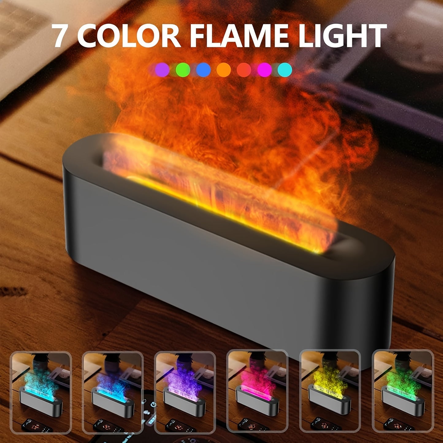 7-Color Flame Effect USB Aromatherapy Humidifier - Essential Oil Compatible, Sleek Black Design for Home, Office, Bedroom | Cozy Ambiance with Vibrant Lighting Options