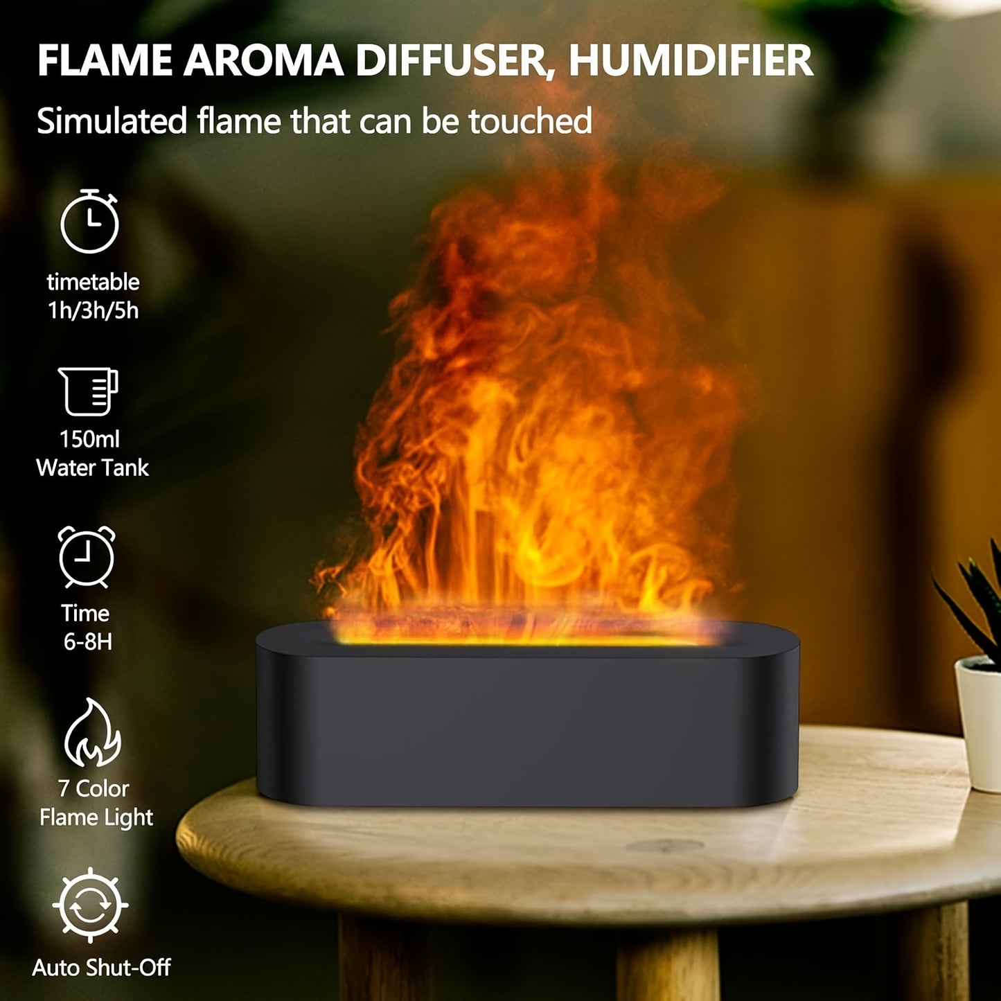 7-Color Flame Effect USB Aromatherapy Humidifier - Essential Oil Compatible, Sleek Black Design for Home, Office, Bedroom | Cozy Ambiance with Vibrant Lighting Options