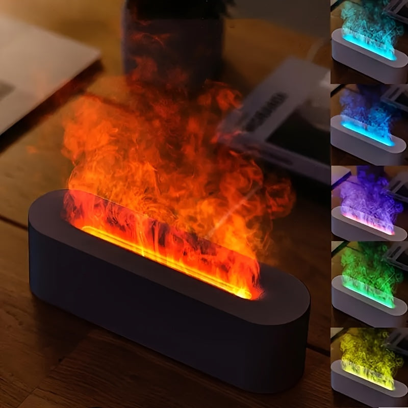 7-Color Flame Effect USB Aromatherapy Humidifier - Essential Oil Compatible, Sleek Black Design for Home, Office, Bedroom | Cozy Ambiance with Vibrant Lighting Options